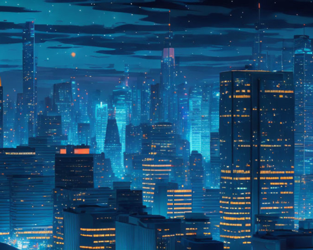 Futuristic night cityscape with blue lights, skyscrapers, and flying vehicles