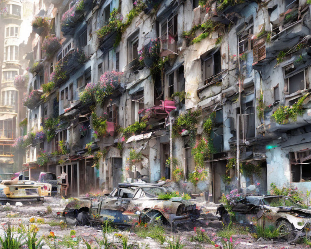 Desolate post-apocalyptic cityscape with overgrown buildings and wildflowers