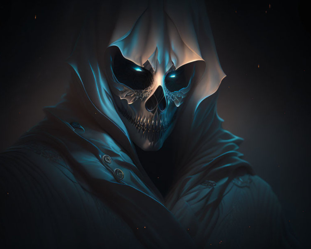 Digital Artwork: Cloaked Figure with Glowing Blue Skull Face