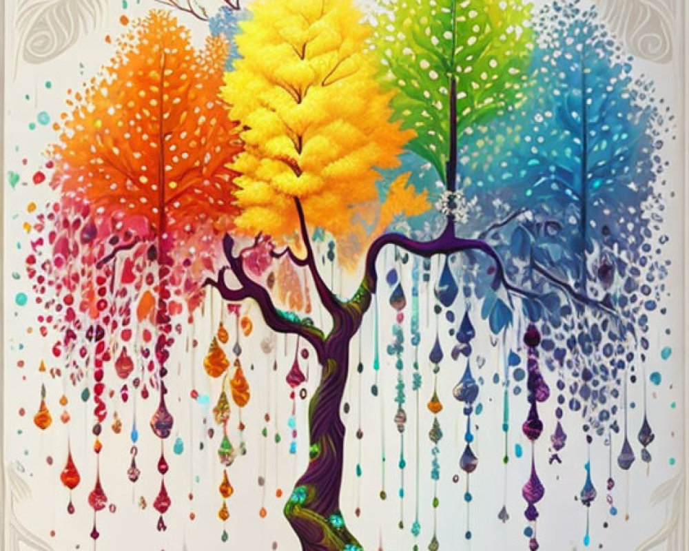 Seasonal Tree Artwork with Colorful Leaves and Jewels on Patterned Background