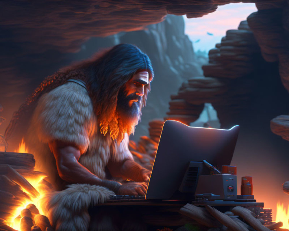 Caveman in furs with modern laptop in prehistoric cave