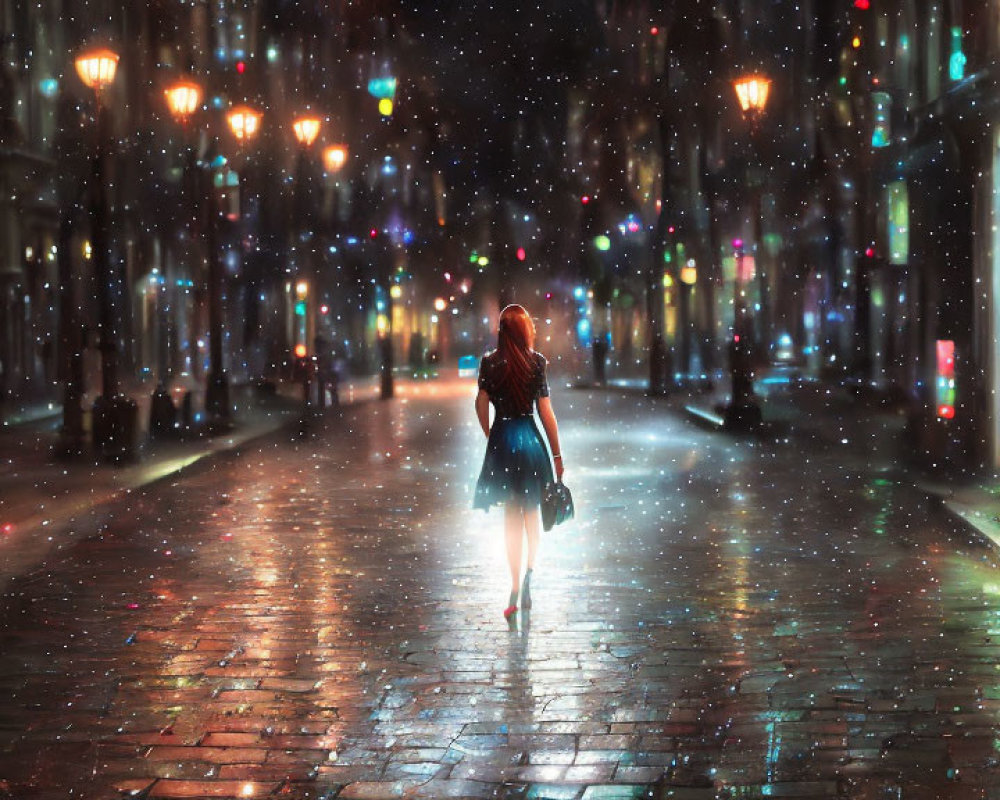 Red-Haired Figure Walking on Snowy Night Street