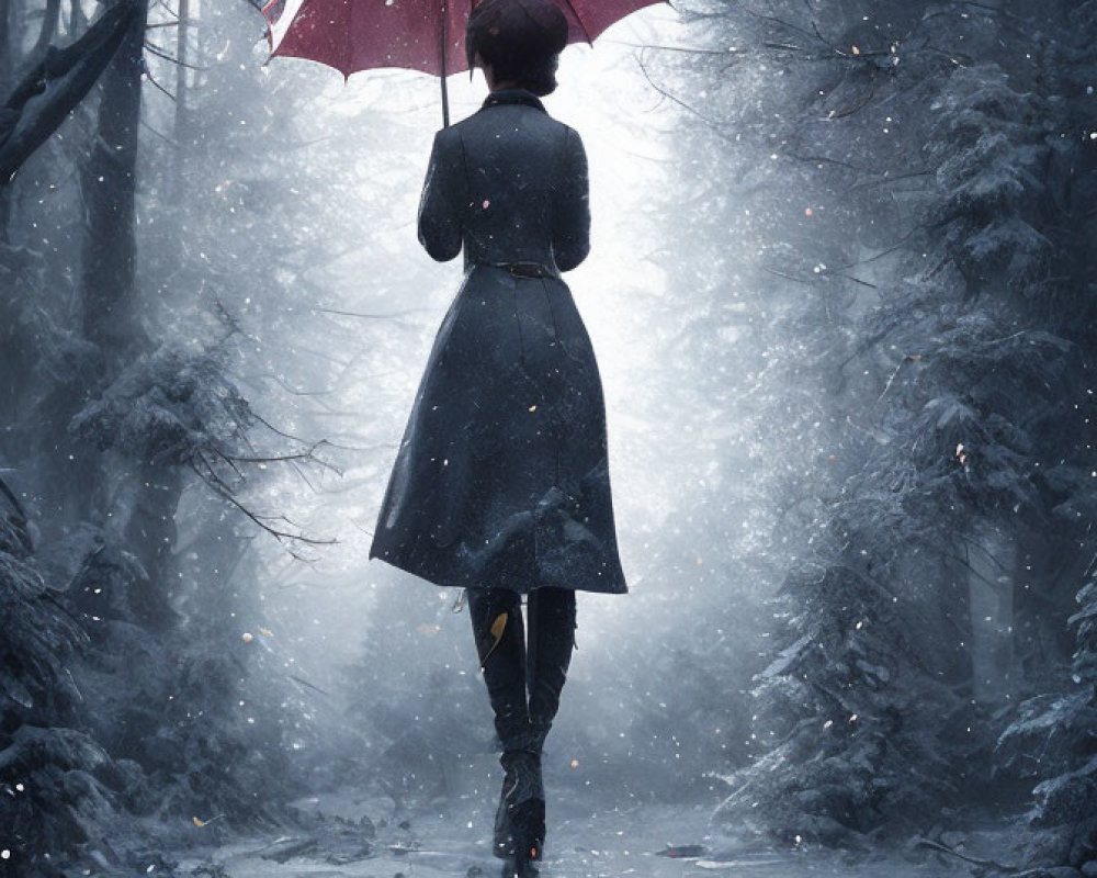 Person in dark coat with red umbrella walks snowy forest path