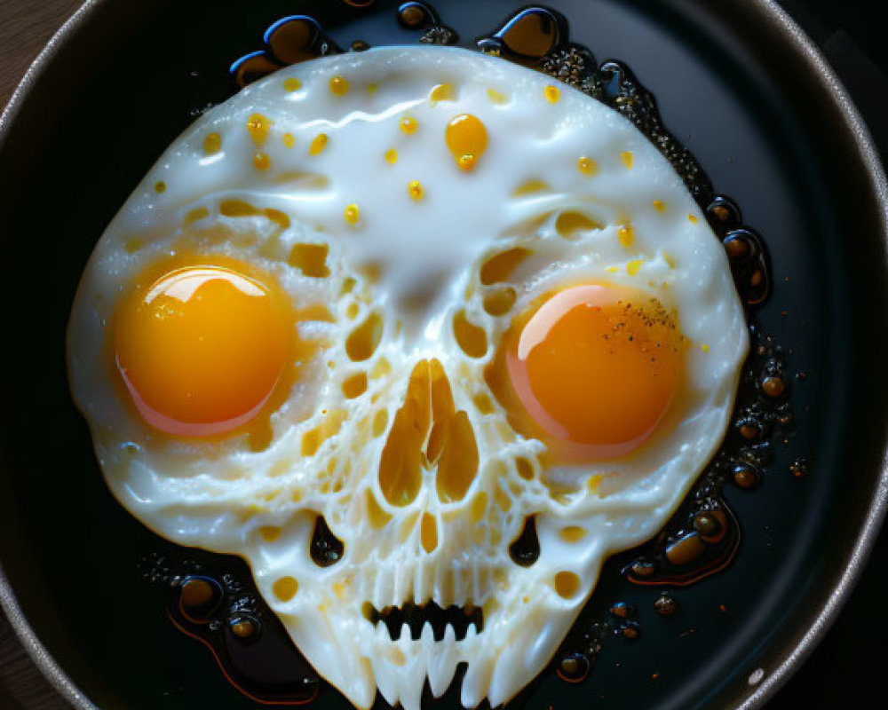 Skillet-fried egg resembles skull with yolks as eyes and white as bones