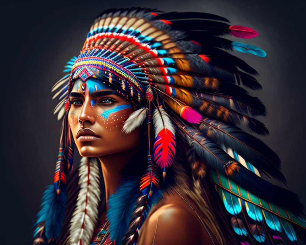 Portrait of woman in vibrant Native American headdress with feathers and beads