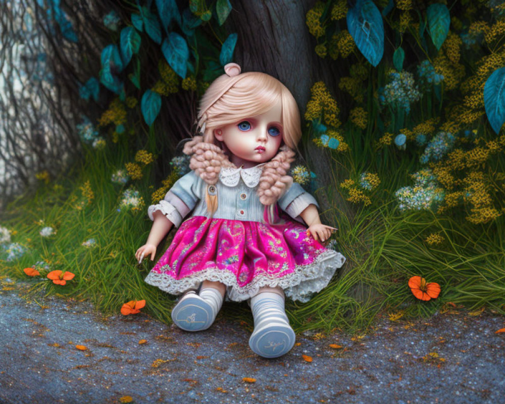Blonde-haired porcelain doll in pink dress with blue leaves and orange flowers