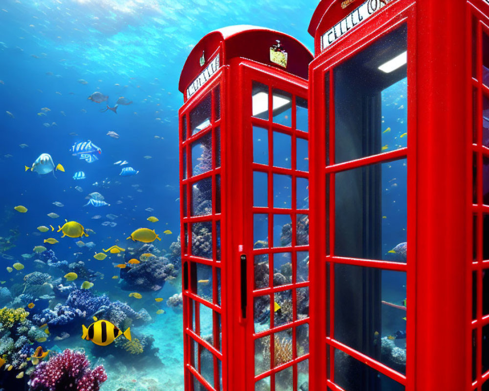 Red British Phone Booths Submerged Underwater with Tropical Fish and Colorful Corals