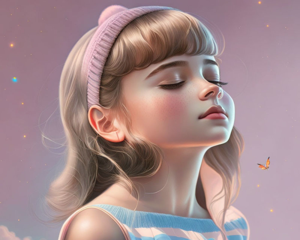 Digital illustration of young girl in pink beanie with butterfly on soft pink background