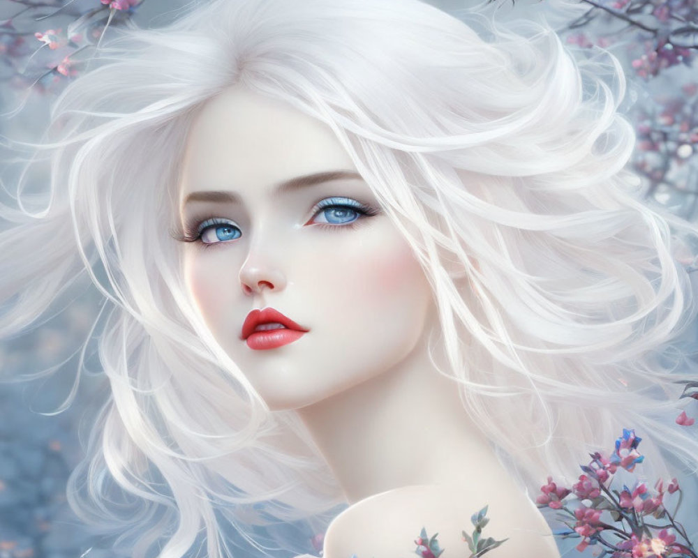 Illustration of woman with pale skin, blue eyes, white hair, among pink blossoms