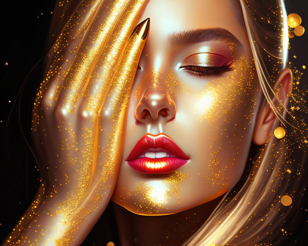 Digital Illustration: Woman with Golden Glitter Makeup & Lustrous Hair