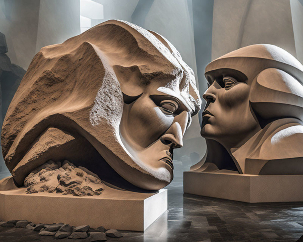 Large Stone Sculptures Featuring Stylized Human Faces in Modern Building