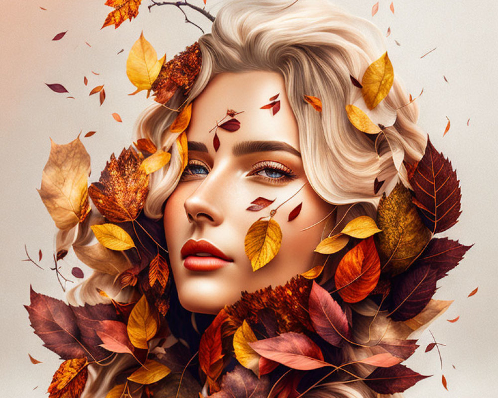 Woman's portrait with autumn leaves in blonde hair, capturing fall essence