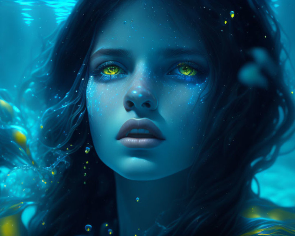 Digital artwork: Woman submerged in water with green eyes, glowing particles, and blue tones