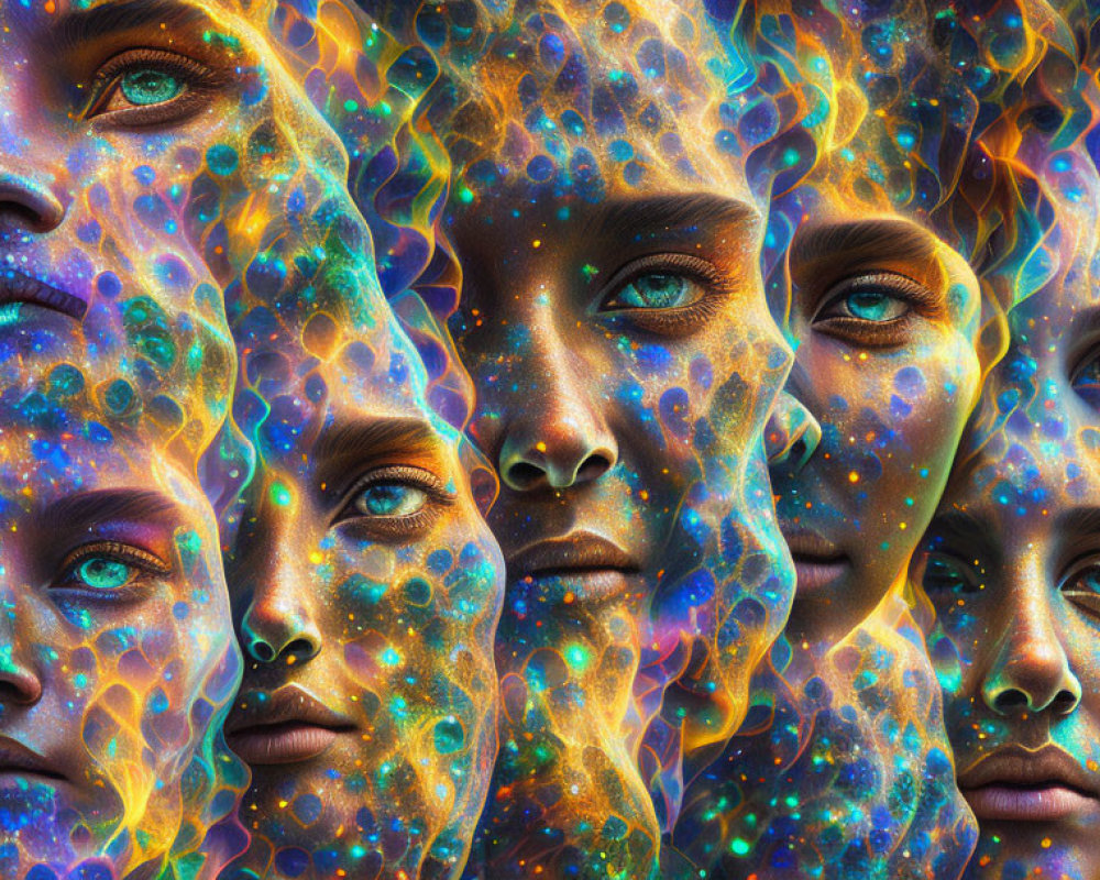 Colorful digital art montage of female faces with blue eyes in cosmic pattern.