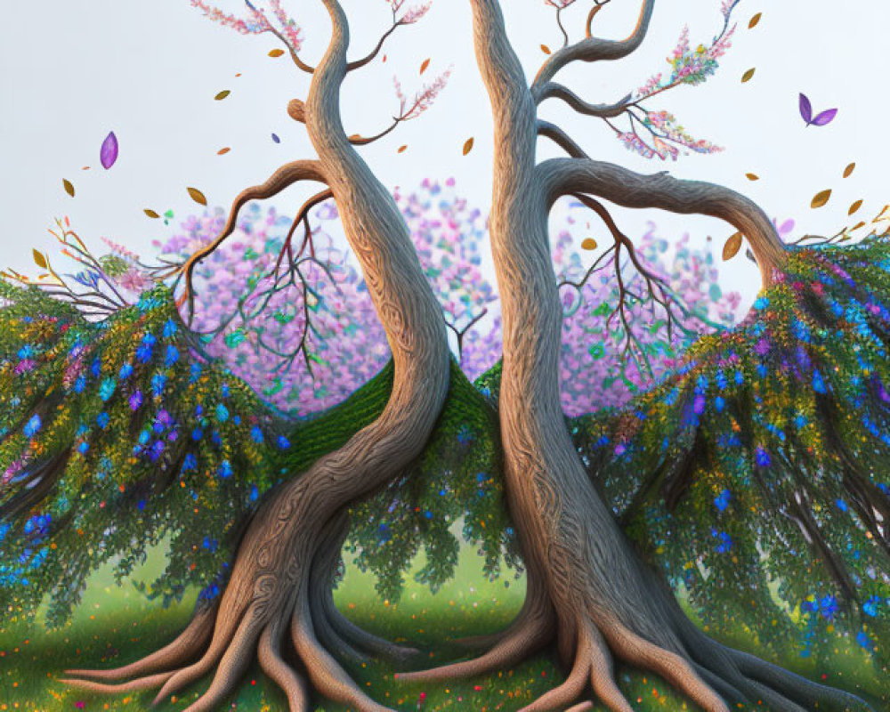 Colorful Leaves Floating Around Whimsical Trees in Lush Meadow