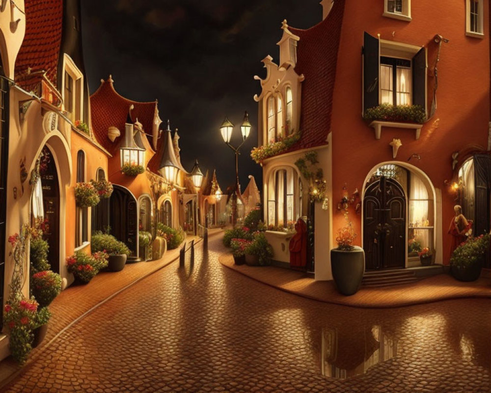 European-style Night Street with Cobblestones & Ornate Facades