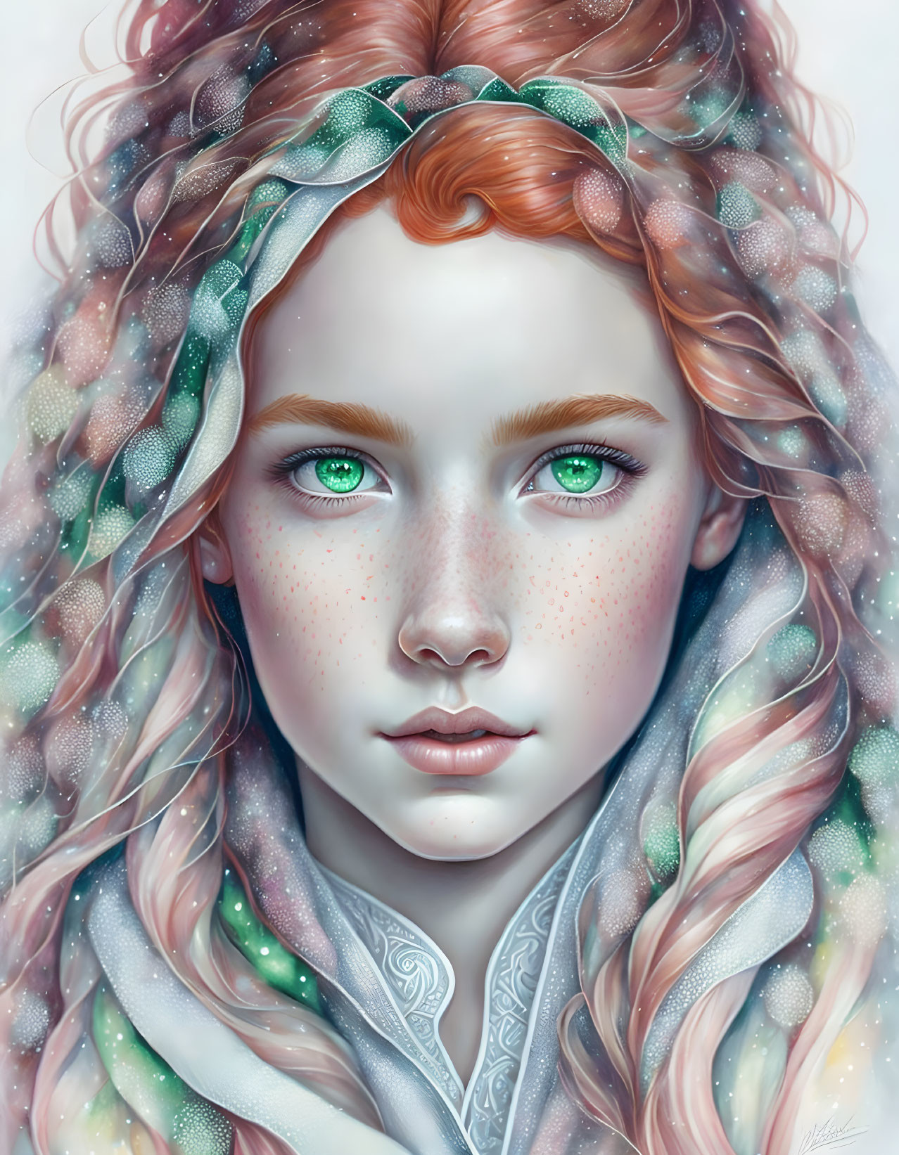 Vibrant red-haired girl with emerald green eyes in digital portrait