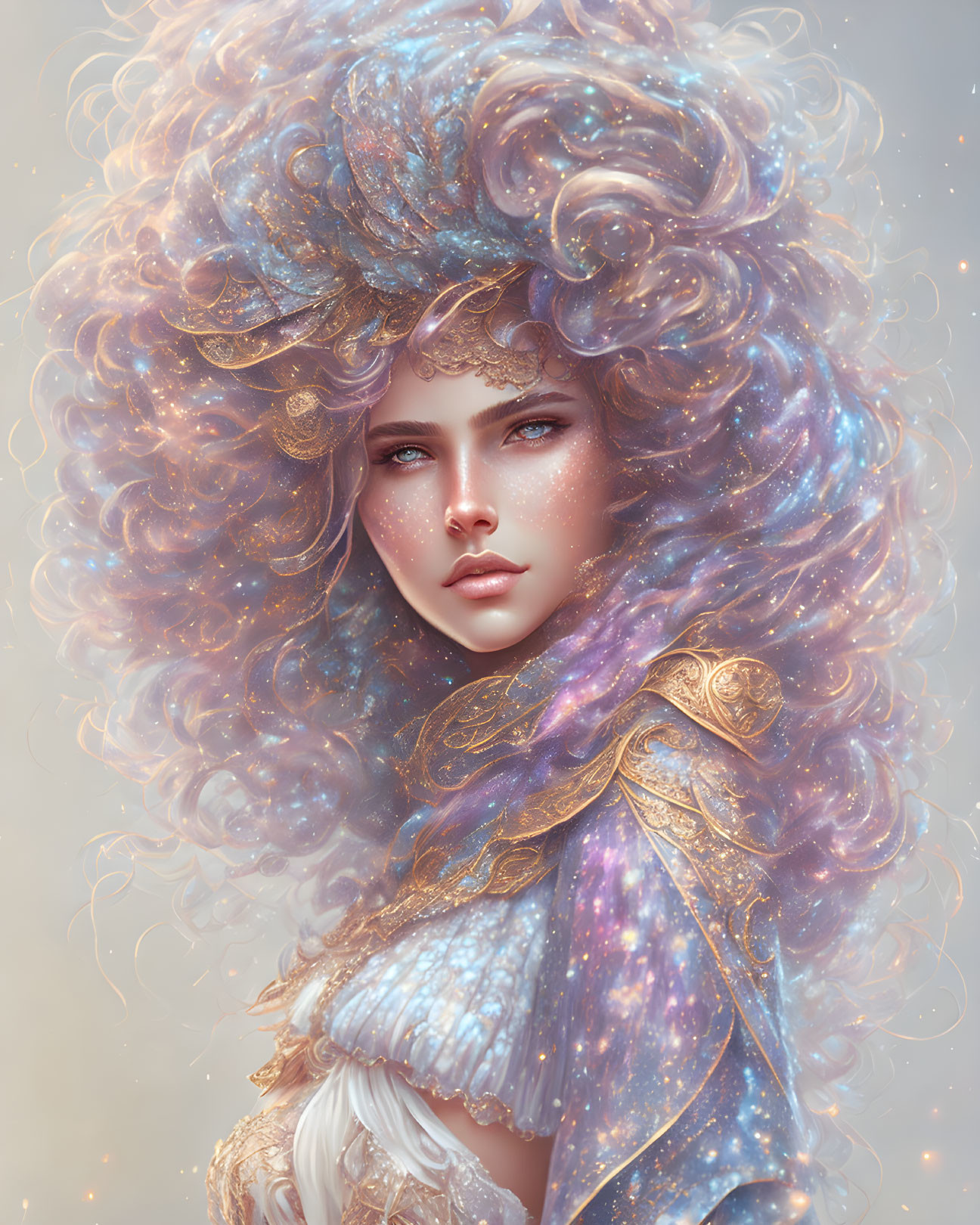 Portrait of woman with cosmic-themed hair and starry shawl