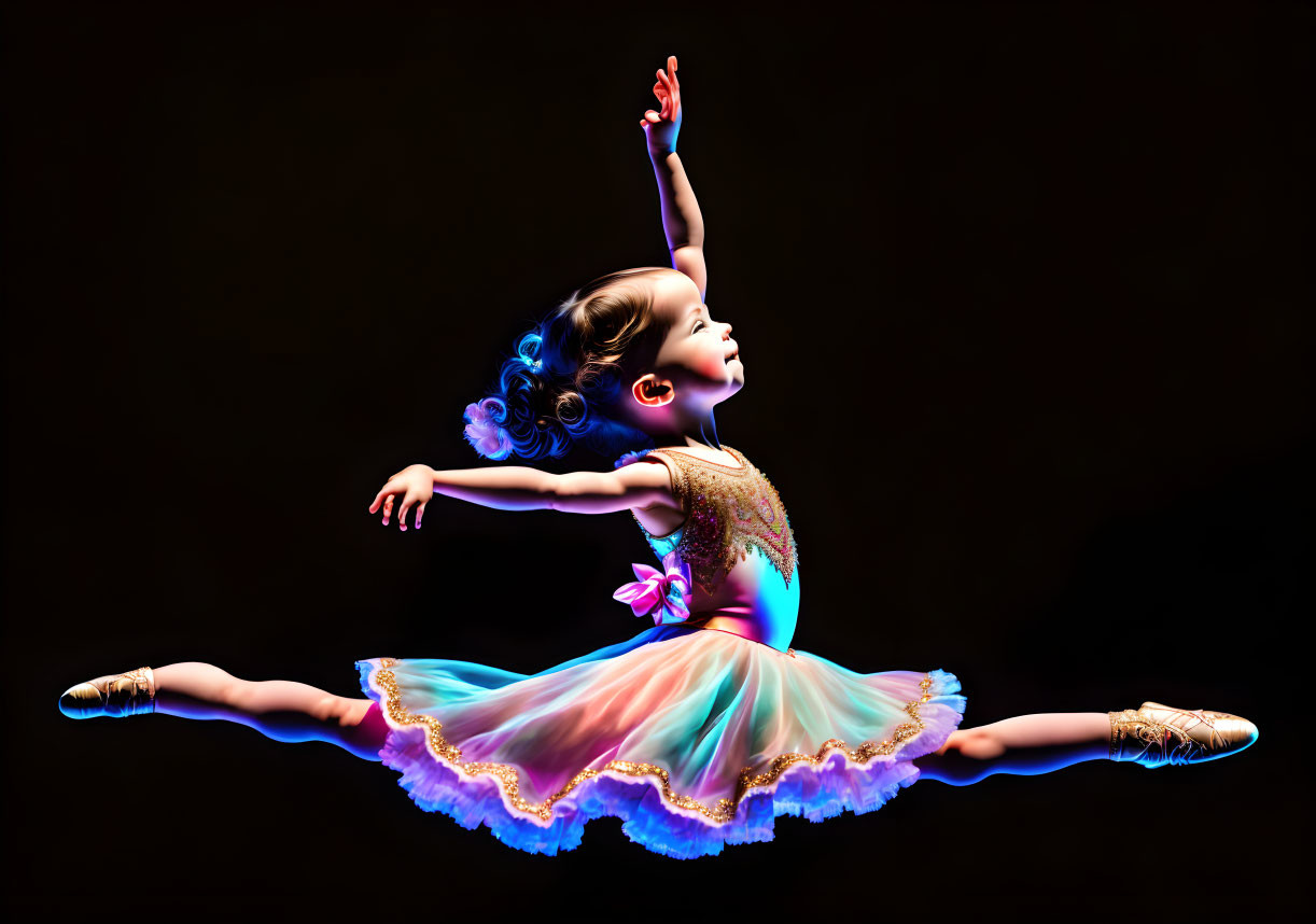 Young ballet dancer in colorful tutu and ballet slippers gracefully leaping.