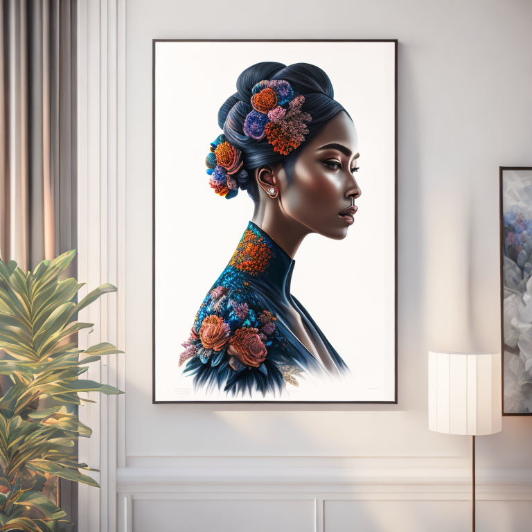 Colorful Flower-Adorned Woman in High Bun Digital Art Displayed in Modern Room