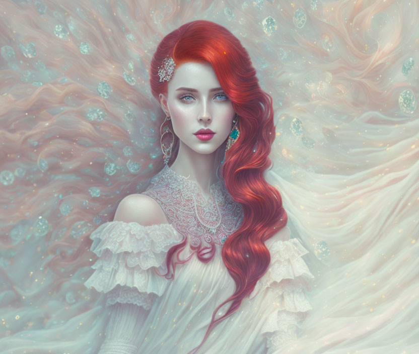 Fantasy woman portrait with red hair, blue eyes, silver accessories, and starry backdrop