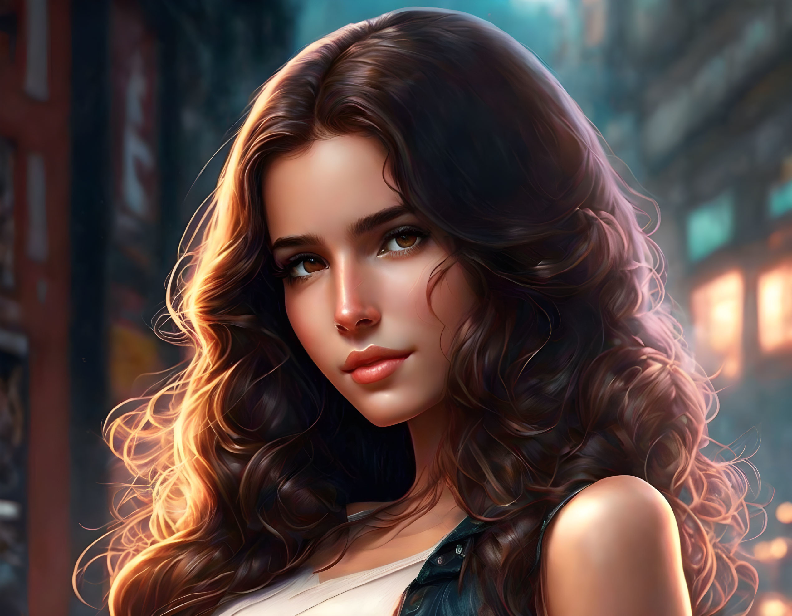 Young woman with long, wavy brown hair in front of city lights.