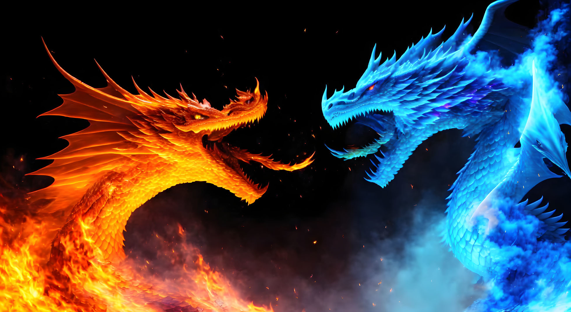 Majestic orange and blue dragons in fiery confrontation