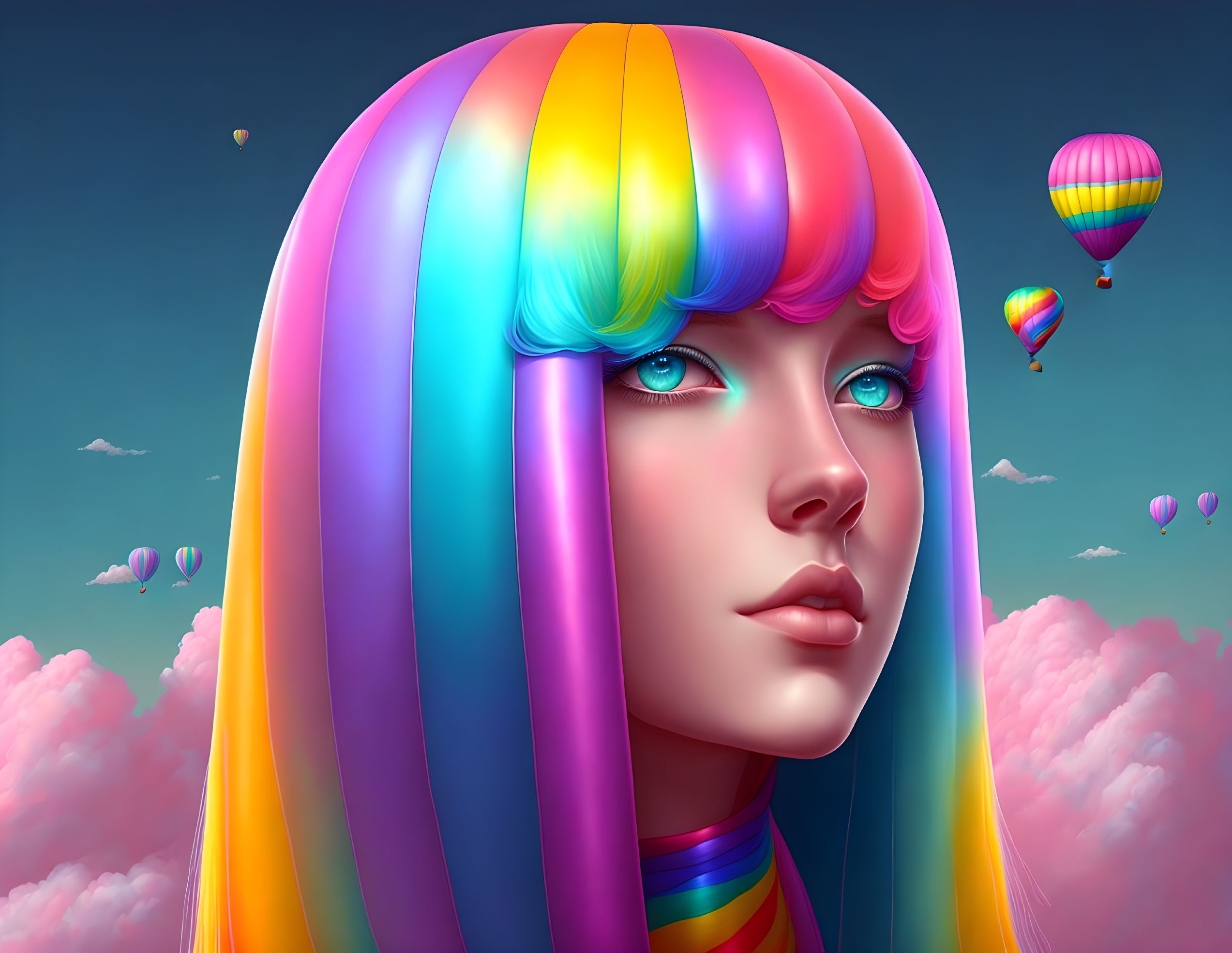 Colorful woman with rainbow hair in sky scene.
