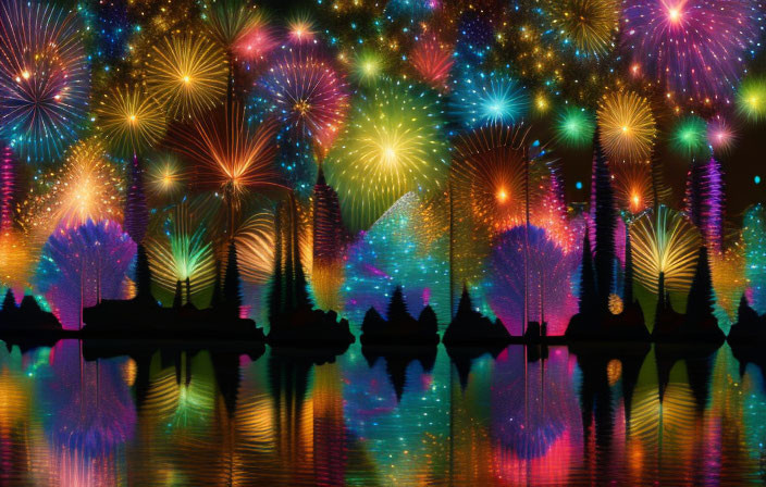 Colorful fireworks illuminate city skyline and water reflections
