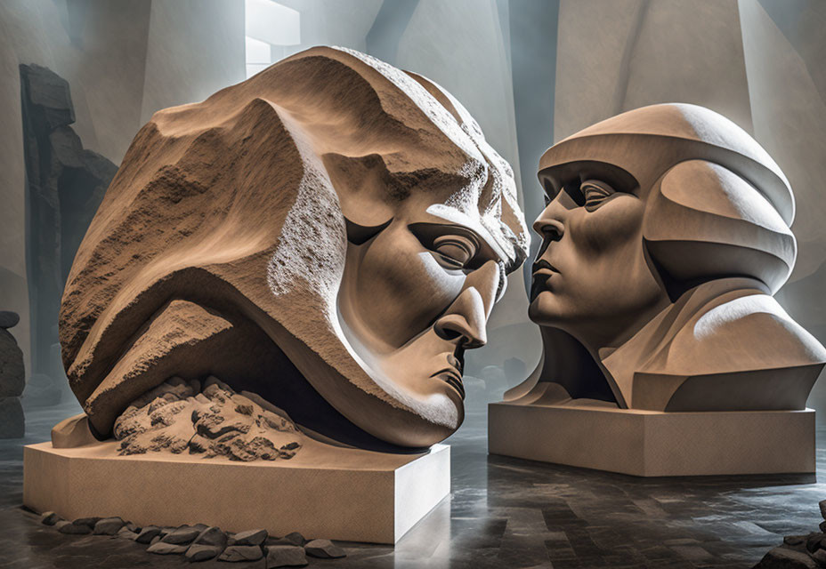 Large Stone Sculptures Featuring Stylized Human Faces in Modern Building