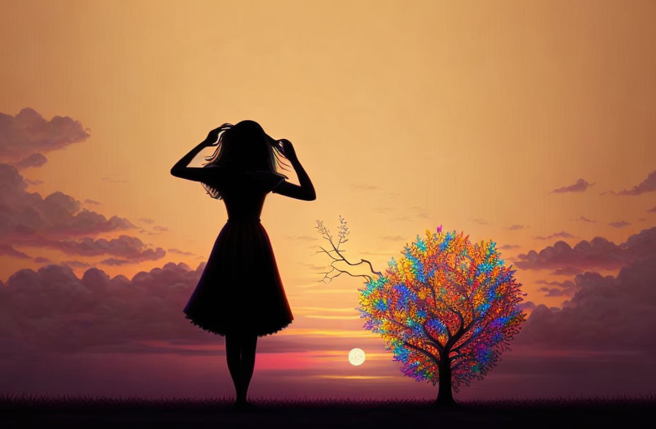 Colorful Tree Silhouette Next to Woman at Sunset