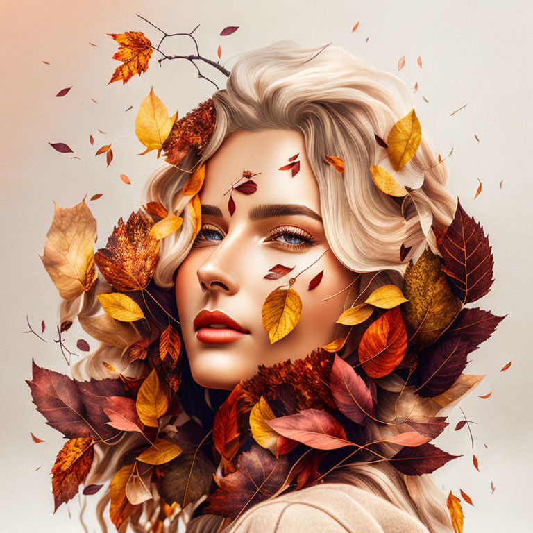 Woman's portrait with autumn leaves in blonde hair, capturing fall essence