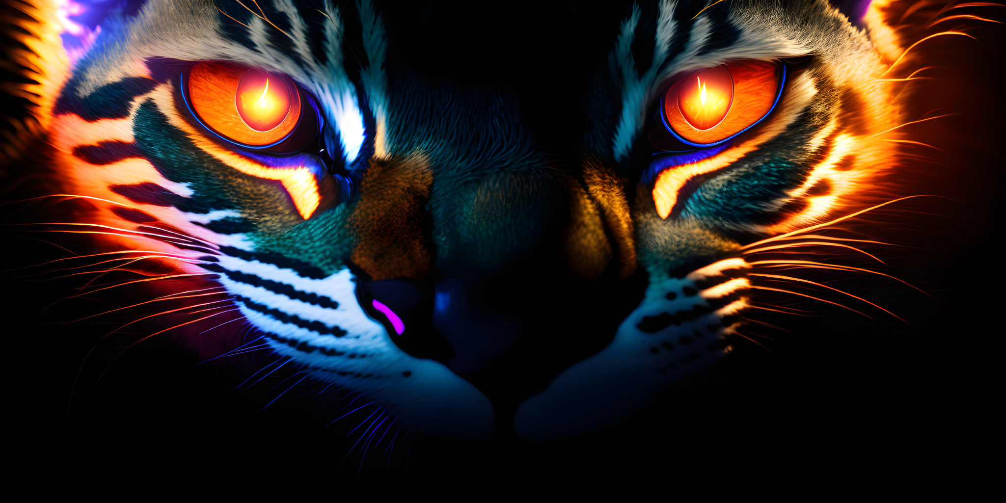Vividly Colored Tiger Face with Intense Orange Eyes on Dark Background