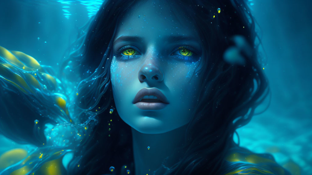 Digital artwork: Woman submerged in water with green eyes, glowing particles, and blue tones