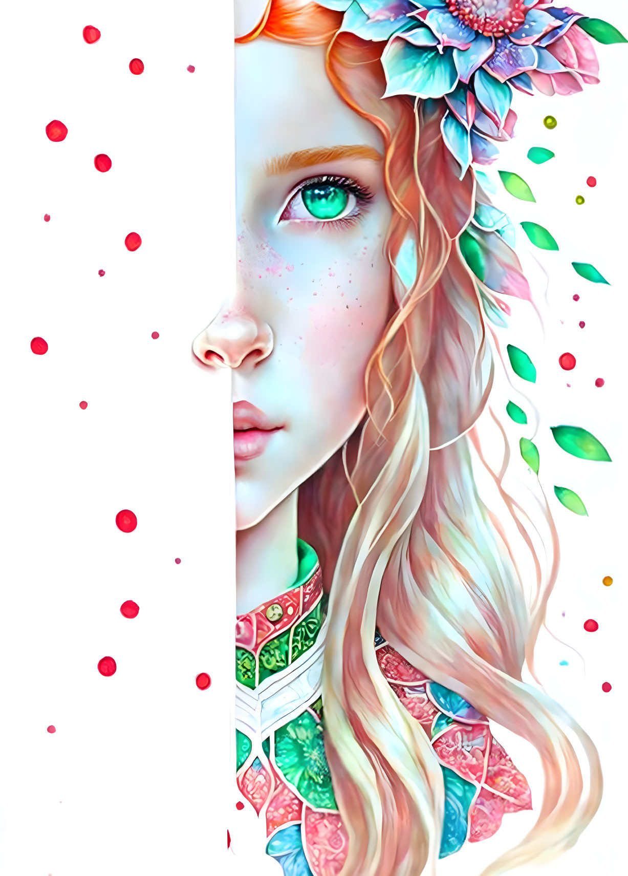 Colorful illustration: Woman with green eyes, floral headpiece, wavy hair with leaves, pink