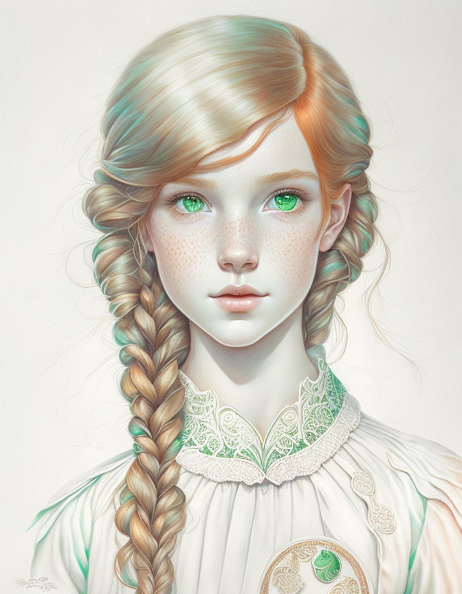 Portrait of a young girl with green eyes, long braided hair, freckles, and Victorian