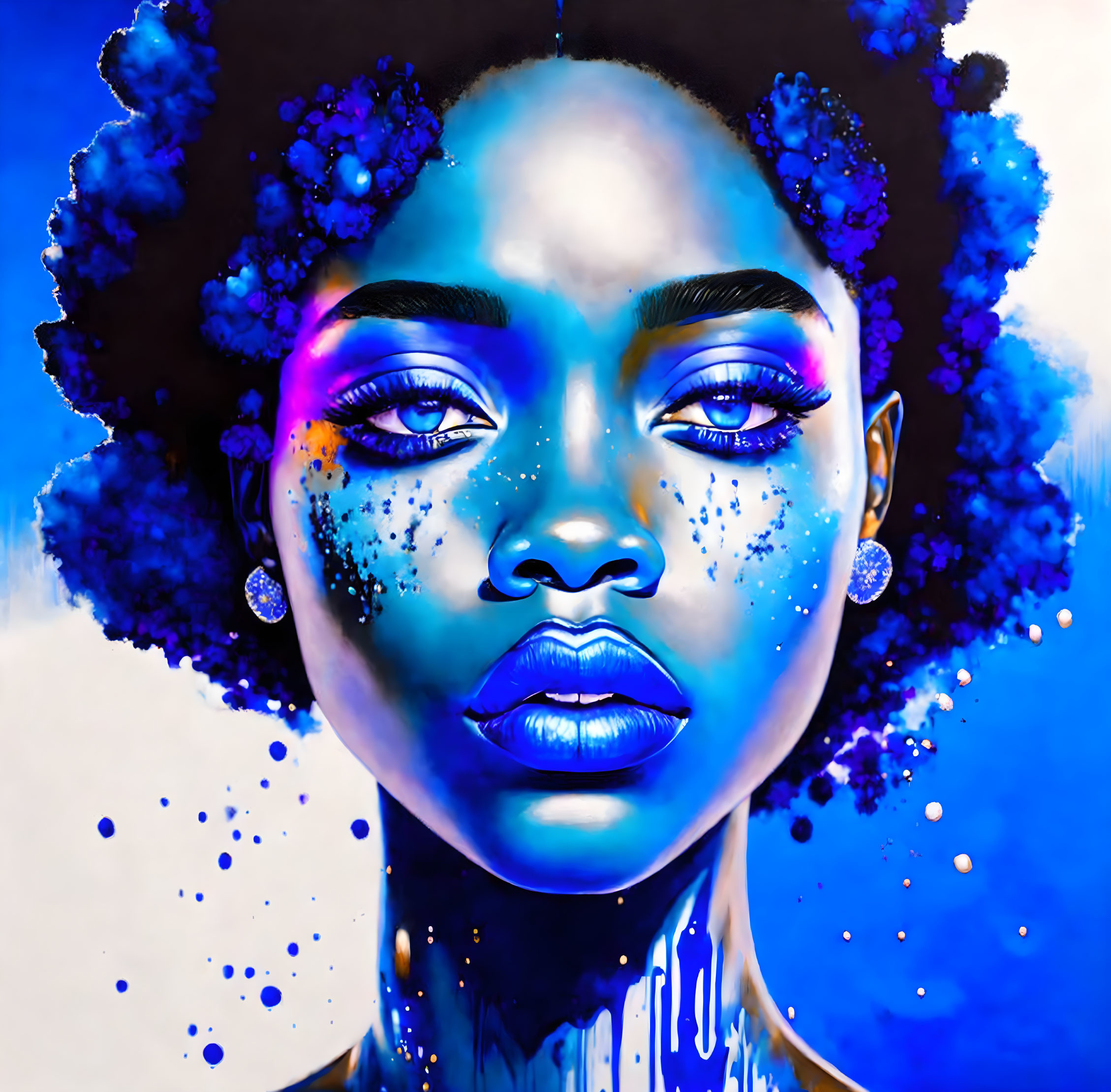 Vivid painting of woman with blue skin, Afro hair, and flowers on blue & white background