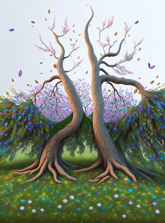 Colorful Leaves Floating Around Whimsical Trees in Lush Meadow