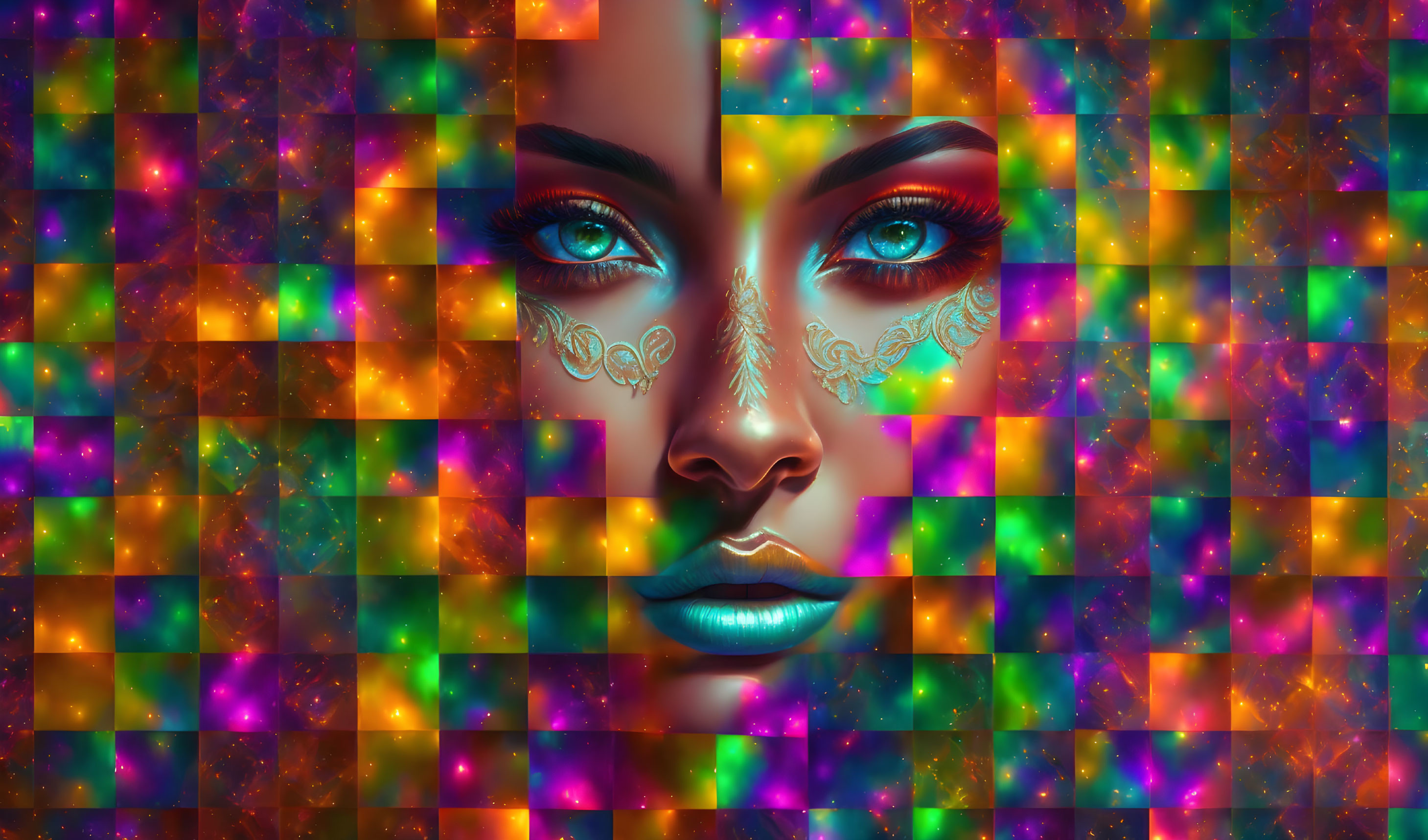 Vibrant blue-eyed woman with golden face art in colorful digital artwork