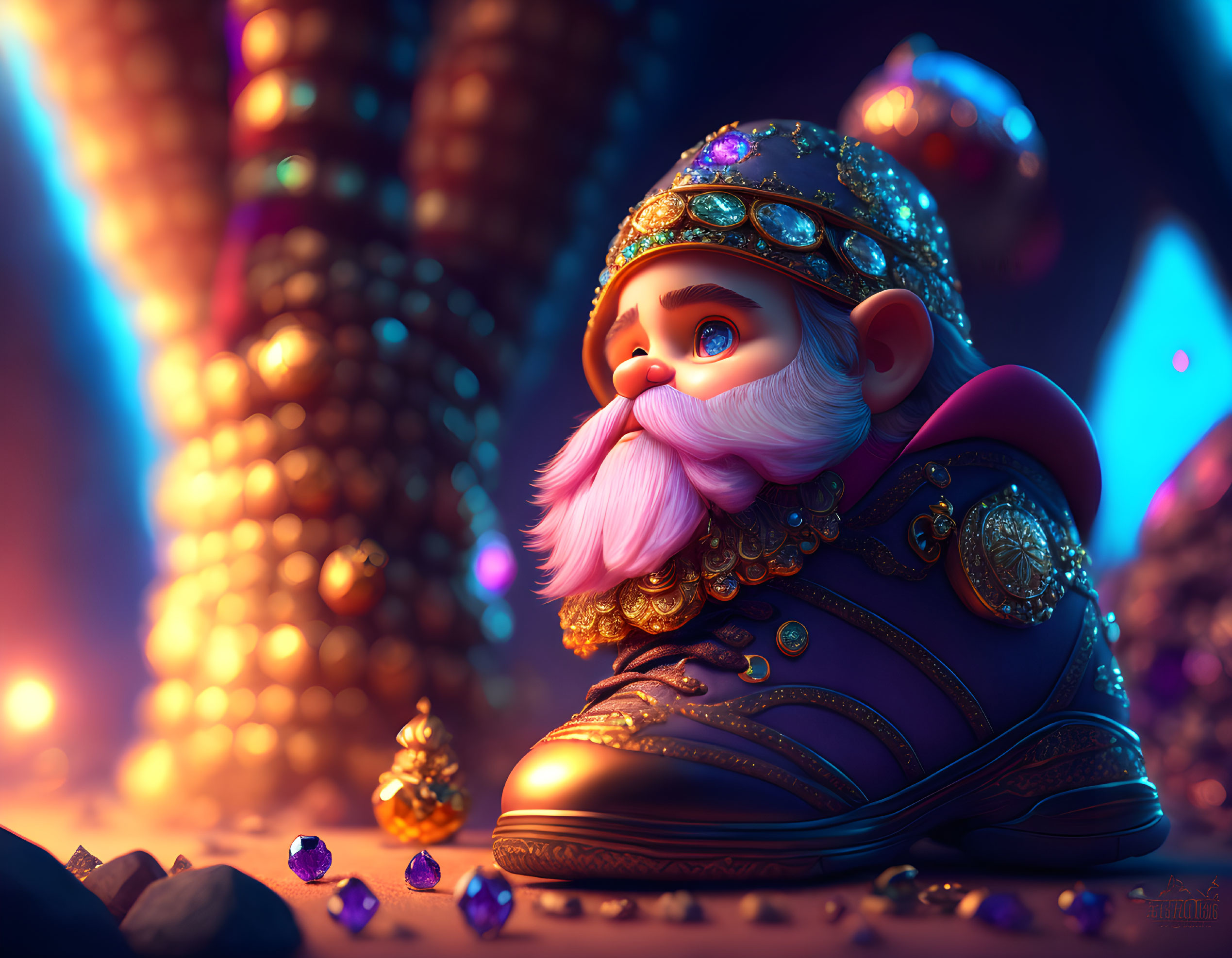 Fantasy-themed illustration of a bearded gnome in gem-studded purple attire surrounded by magical treasures.