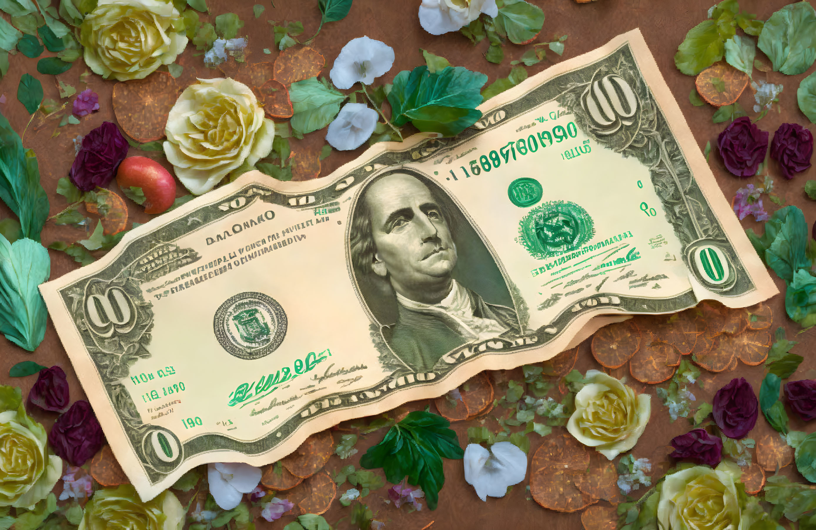 Colorful Artificial Roses Surrounding One Hundred Dollar Bill