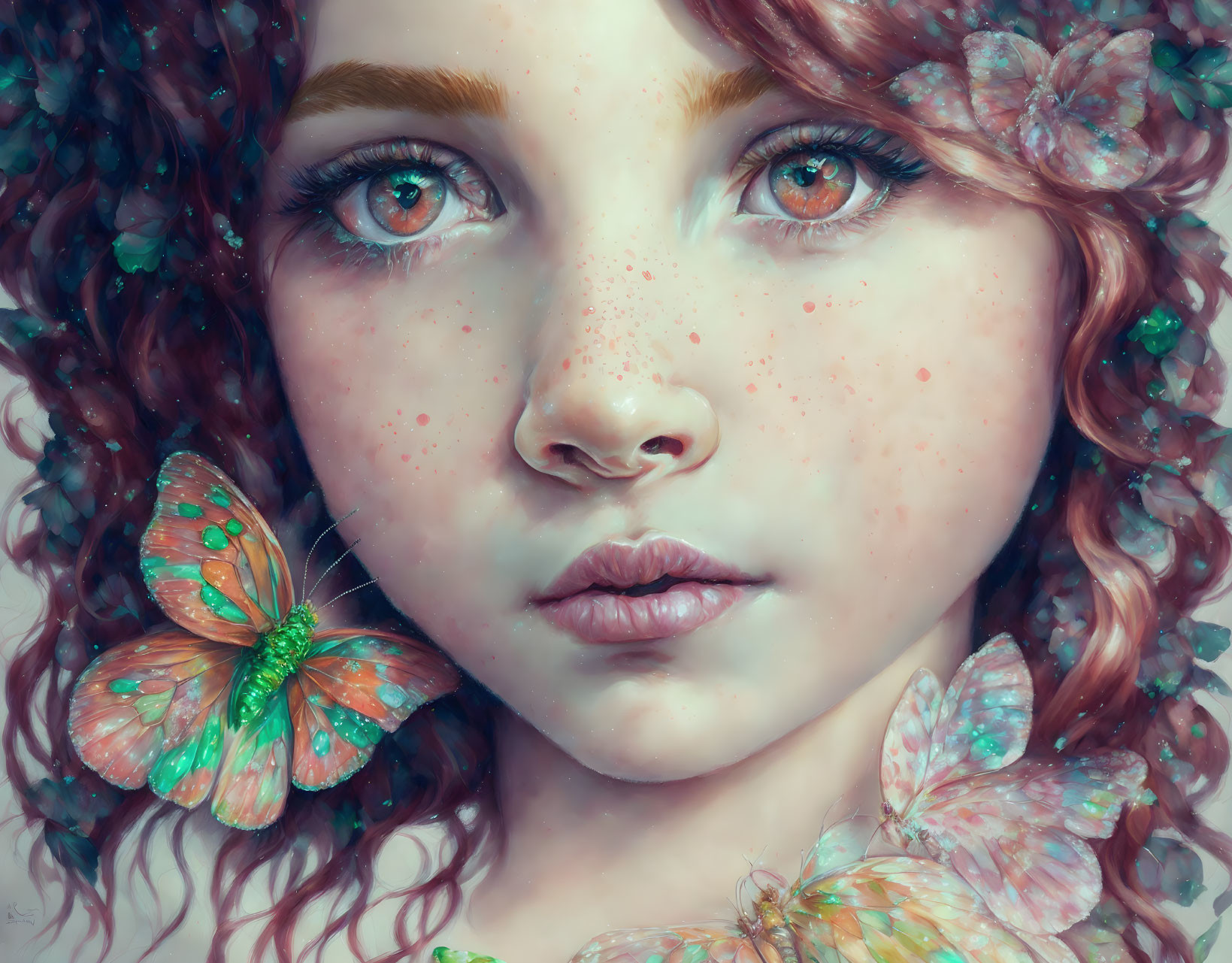 Detailed Illustration: Girl with Freckles, Hazel Eyes, Curly Hair, Flowers, Butter