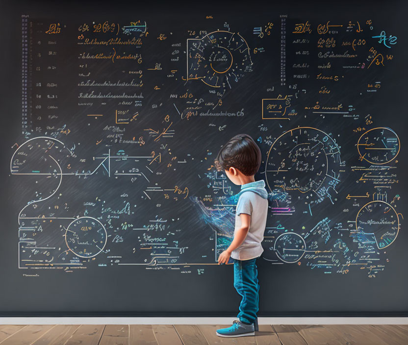 Young child with backpack in front of complex math equations and diagrams