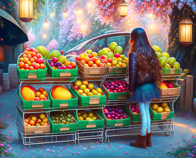 Woman surrounded by colorful fruits under illuminated trees at dusk