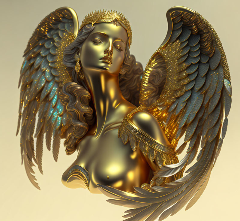 Golden angelic figure with wings and crown in shiny armor - 3D illustration