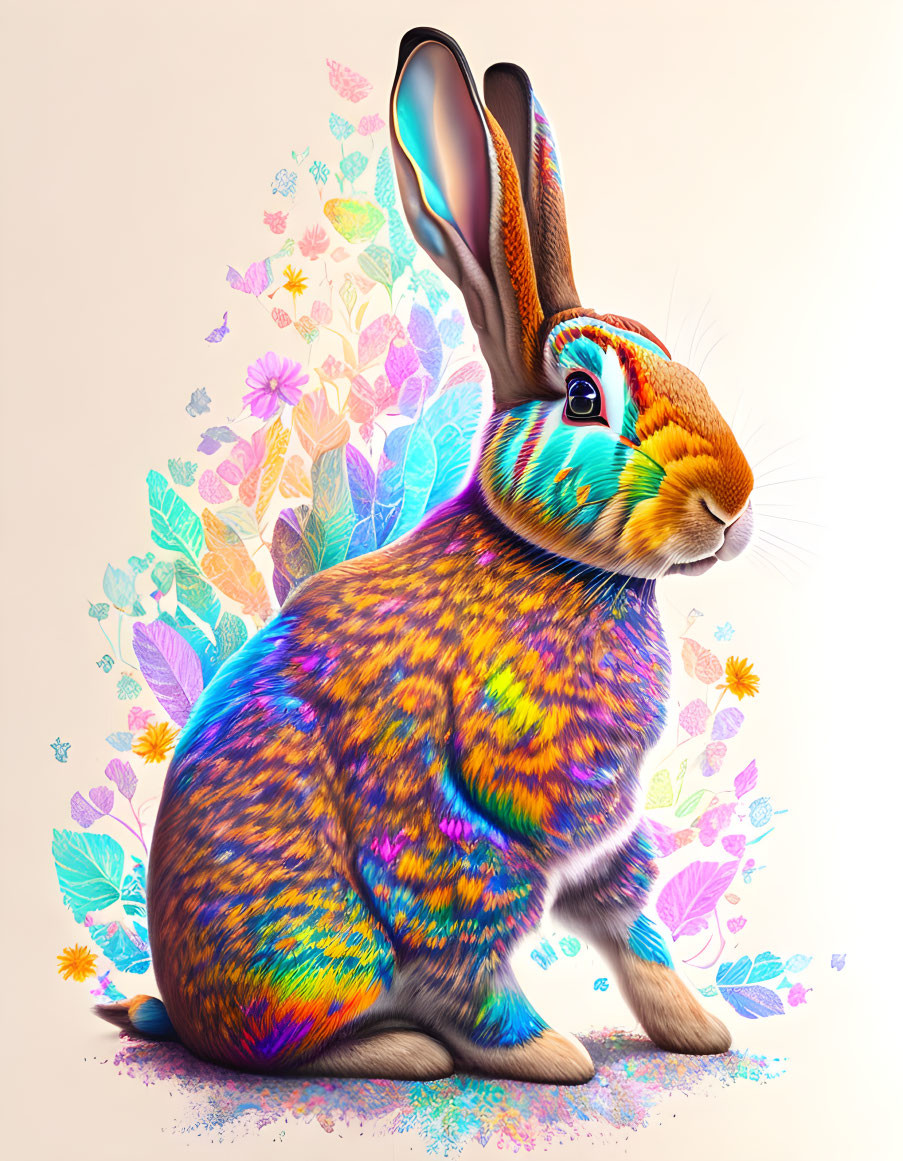 Colorful Rabbit Illustration with Vibrant Patterned Fur and Floral Background