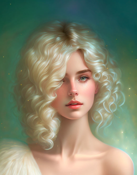 Blonde woman with curly hair and green eyes on celestial backdrop