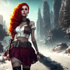Digital Artwork: Red-Haired Woman in Futuristic Dystopian Scene