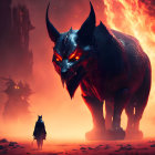 Lone figure confronts glowing-eyed beast in red-tinted landscape