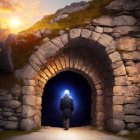 Person at entrance of old stone tunnel facing bright blue light under sunset sky